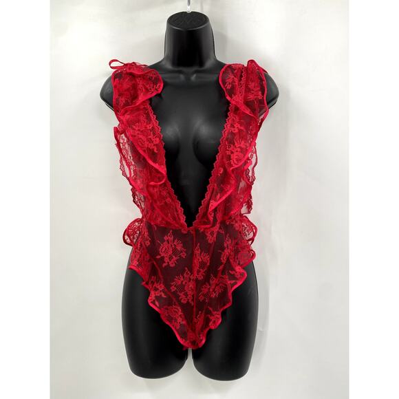 Vintage Red Lace Plunge V Neck Bodysuit - Picture 2 of 7